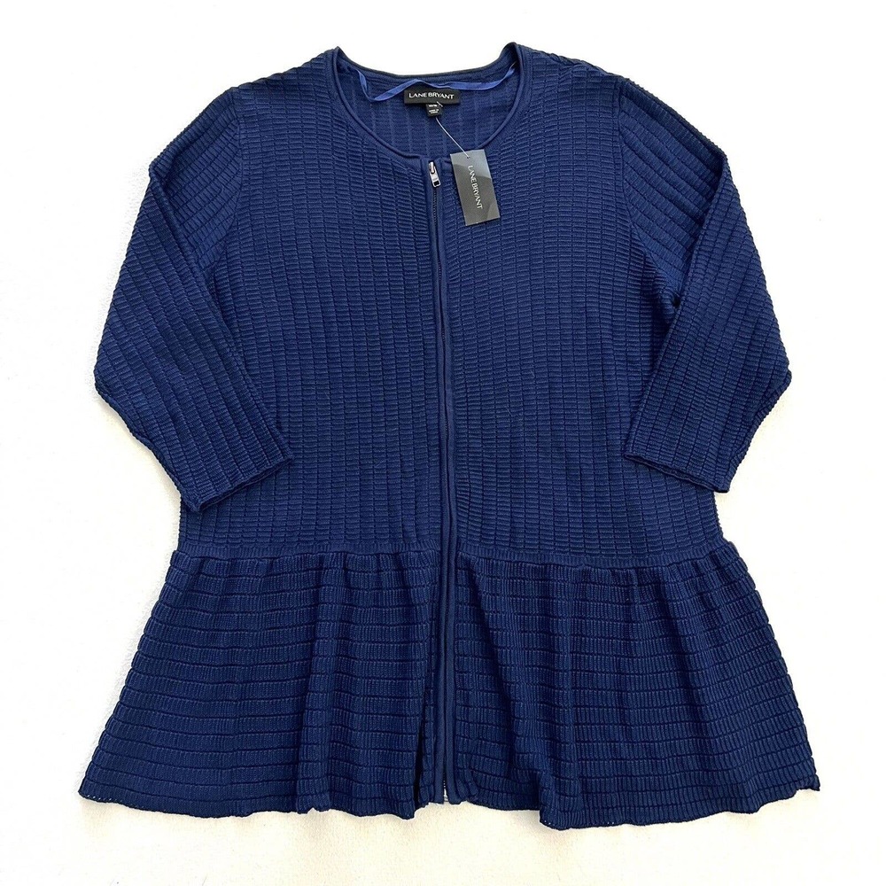 NWT Lane Bryant Plus Blue Knit Zip Front Peplum Jacket Sweater 3/4 Sleeve 14/16 - Picture 1 of 7